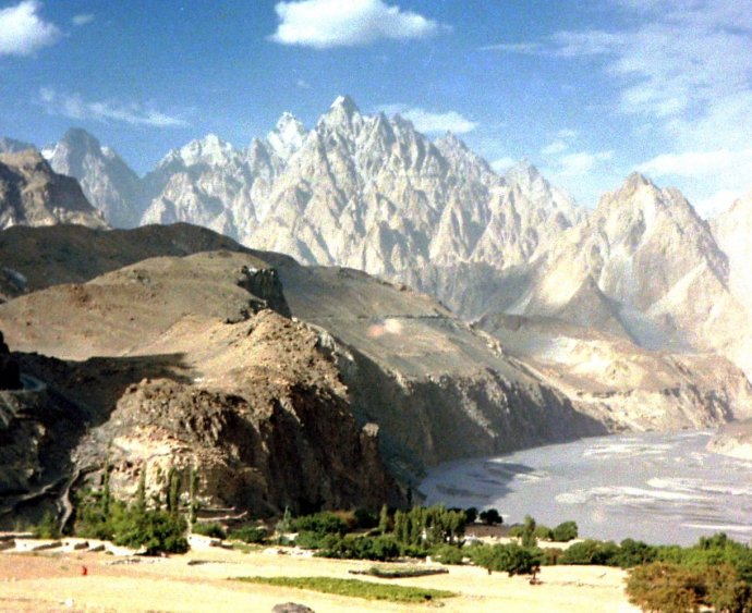 Passu Cathedral peaks above Hunza Valley late August 1985